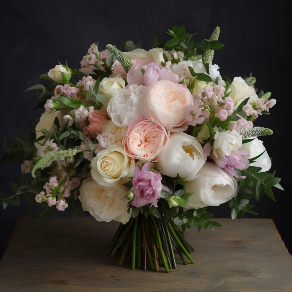 Enchanting Embrace: Pastel Pink Garden Rose Bouquet with Seasonal Mead -  Lauri Bloom